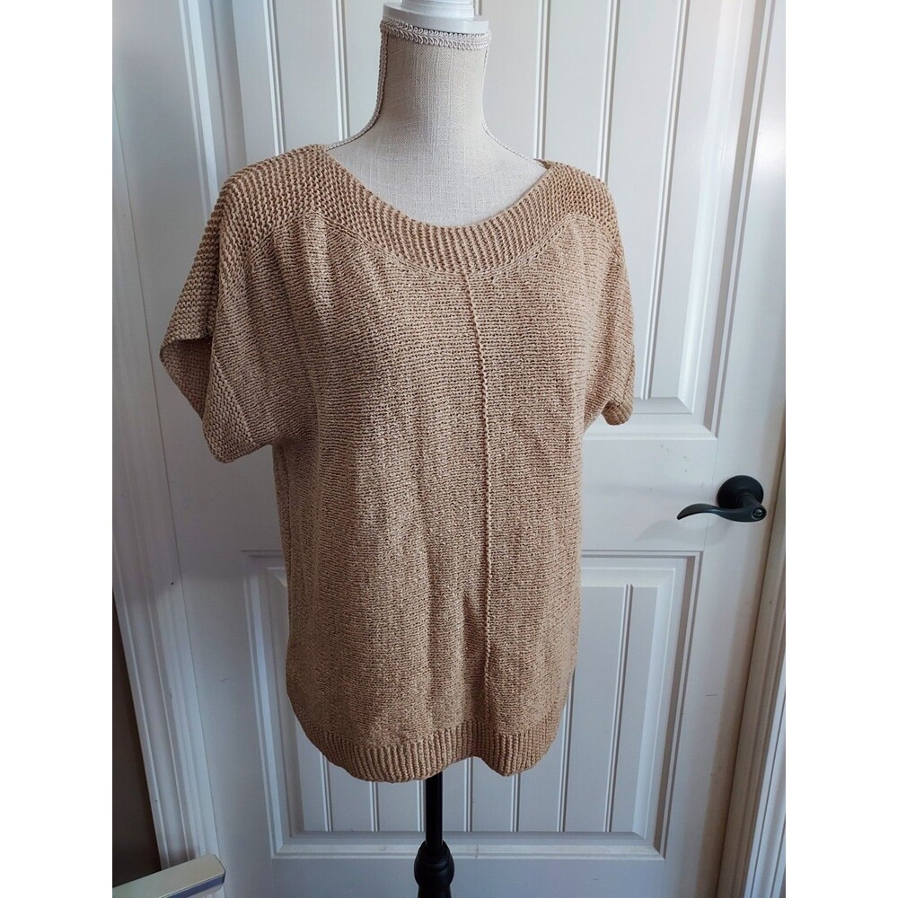 Cable & Gauge Tan Textured Knit Top Short Sleeve Beige Minimalist Size Small
